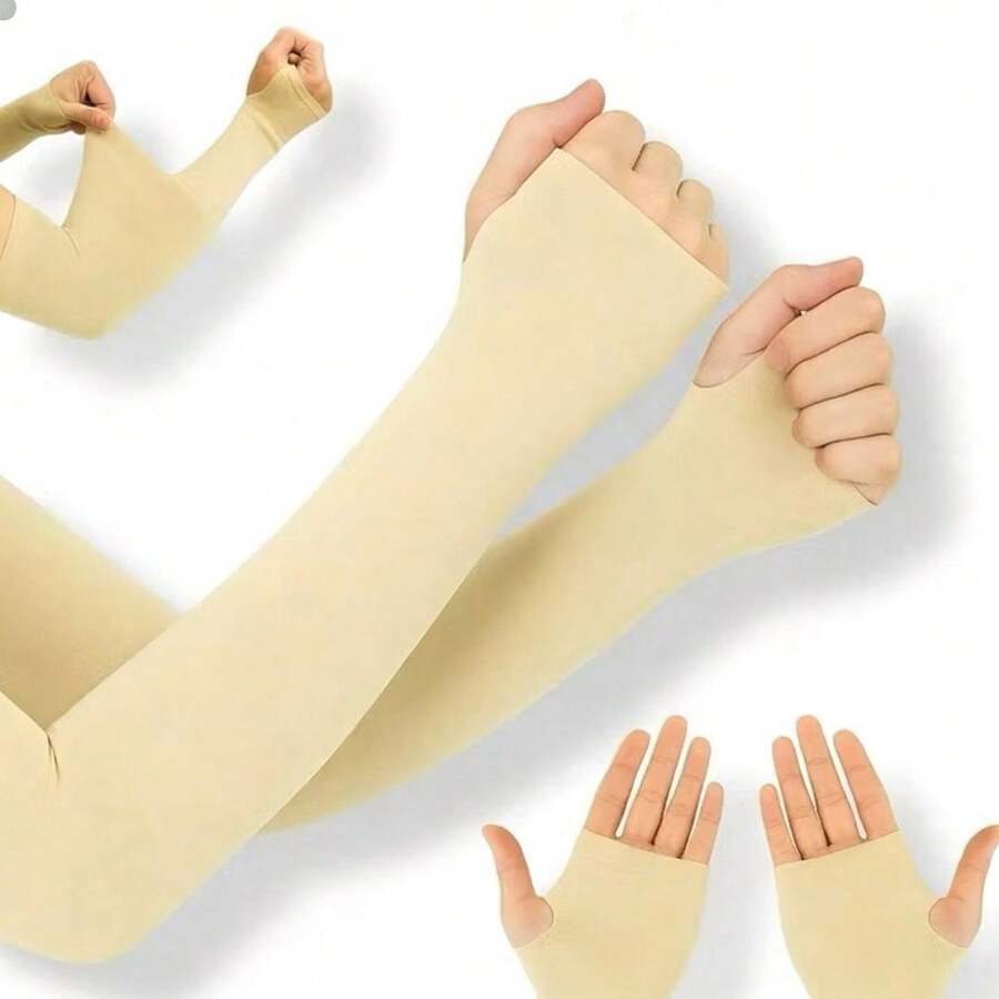 1 Pair Of Glacial Silk Solid Color Arm Sleeves, Summer Cooling Sun Protection For Outdoor Activities Such As Running, Fishing And Halloween - 米色 - 查看 1