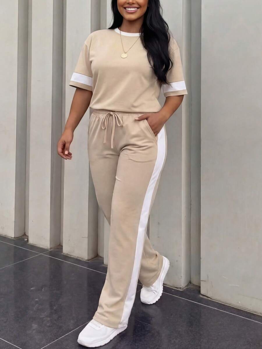Plus Size Women's Casual Matching Colorblock Round Neck Short Sleeve Top And High Waist Drawstring Straight Leg Pants 2 Pieces Set, Spring/Summer Elegant - Apricot - View 1
