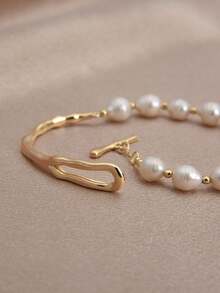 1 Pc 18K Gold Plated Natural Pearl Casual Bracelet For Women, Suitable For Daily Wear, Mother's Day, Valentine's Day, Wedding, Birthday Gift - 彩色 - 查看 2
