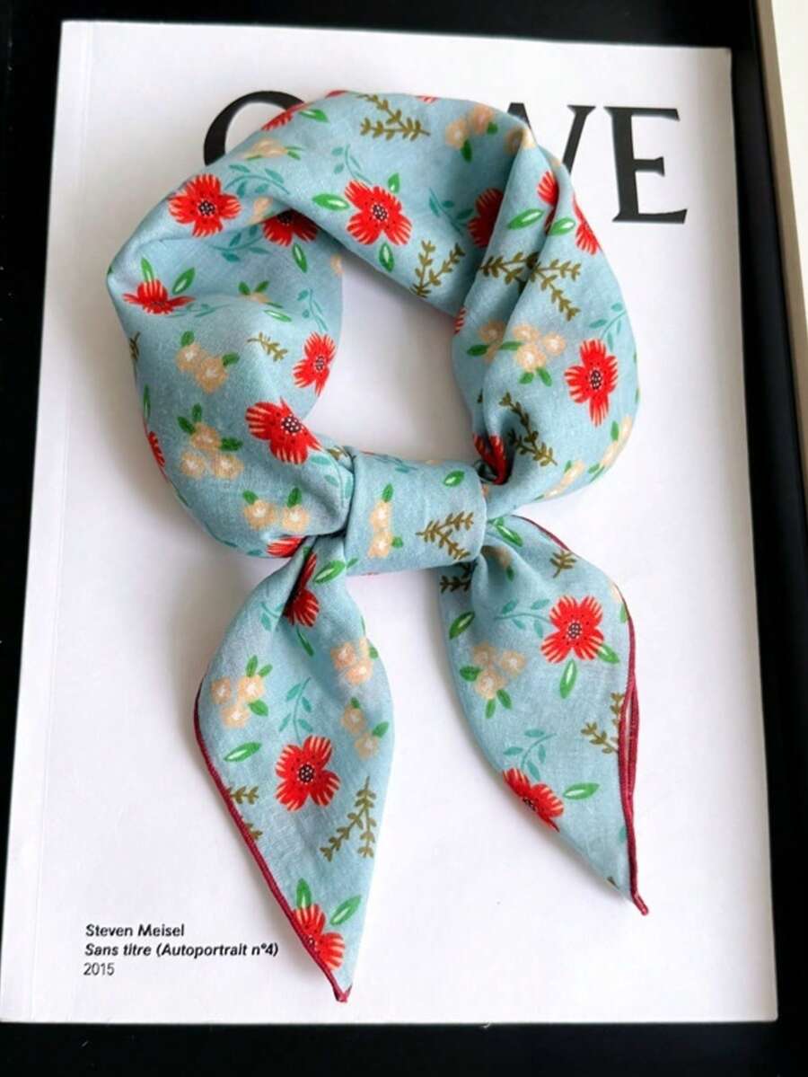 60厘米红色碎花小方巾，女士新款春秋优雅雪纺围巾，多功能装饰薄披肩