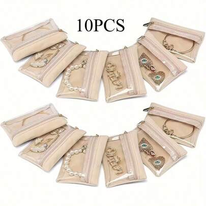 10个装旅行首饰收纳袋，小巧首饰袋，大拉链开口，首饰卷式整理袋，柔软绒面材质，透明PVC正面设计，便携易带，适用于耳环、项链、戒指、手镯等首饰，优雅设计，安全闭合