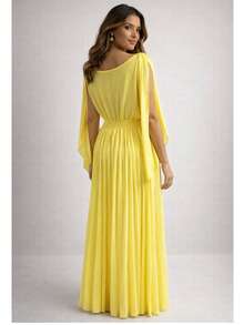 Long Pleated V-Neck Dress, Perfect For Bridesmaids, Weddings, Graduations, And Parties - 黃色 - 查看 3