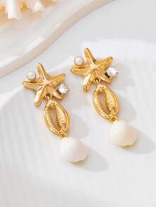 1 Đôi bông tai dáng dài hình sao biển và vỏ sò phong cách đại dương thanh lịch, quà tặng trang sức thời trang dành cho nữ, thích hợp để đeo hàng ngày, đi biển, du lịch, dự tiệc. - Vàng - Xem 9