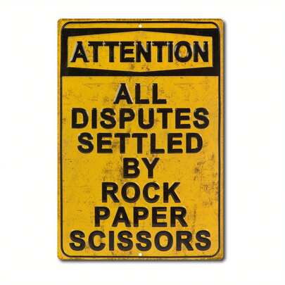 2D Flat - Funny Retro Rock Paper Scissors Game Logo - Vintage Style 2D Flat Wooden Wall Decor With Prominent Yellow Text, Ideal For Home Office, Bar And Cafe Where All Disputes Are Settled By Rock Paper Scissors Game - Durable And Easy To Hang Wooden Sign.