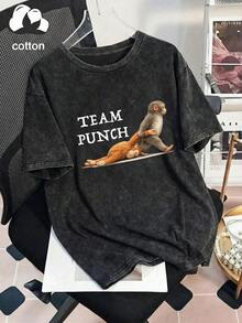 女士日常“Team Punch”主题猴子印花圆领短袖休闲T恤，春夏秋季款 - 黑色 - 查看 5