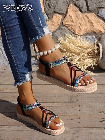 WRCVS Black Sandals, Women's Flat Sandals, Woven, Lightweight Non-Slip Beach Shoes, Random Floral Pattern Bohemian Style Vacation Round Toe Student Sandals