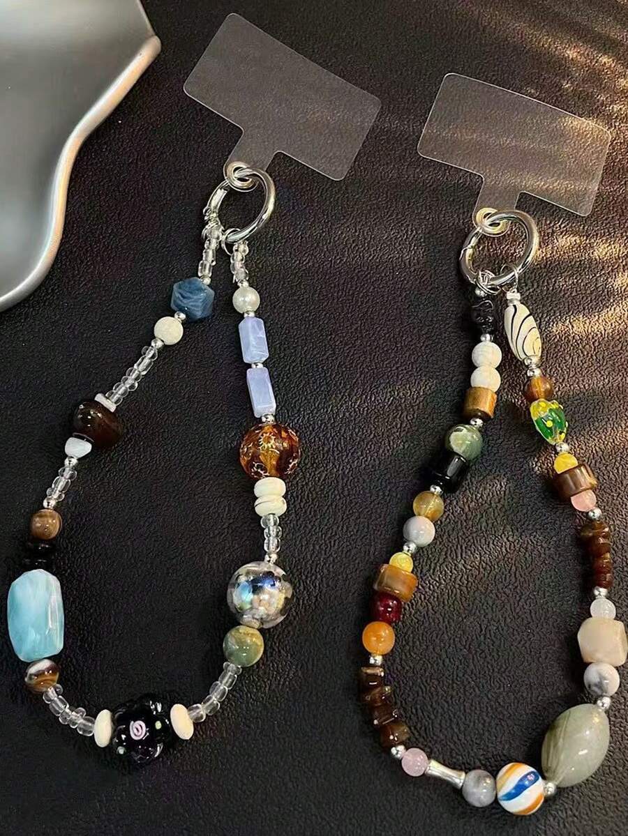 1pc Cute Jade & Crystal Pearl Phone Lanyard, Fashionable Summer Holiday Phone Charm, Bag Pendant, Key Chain For Women - Multicolor - View 1