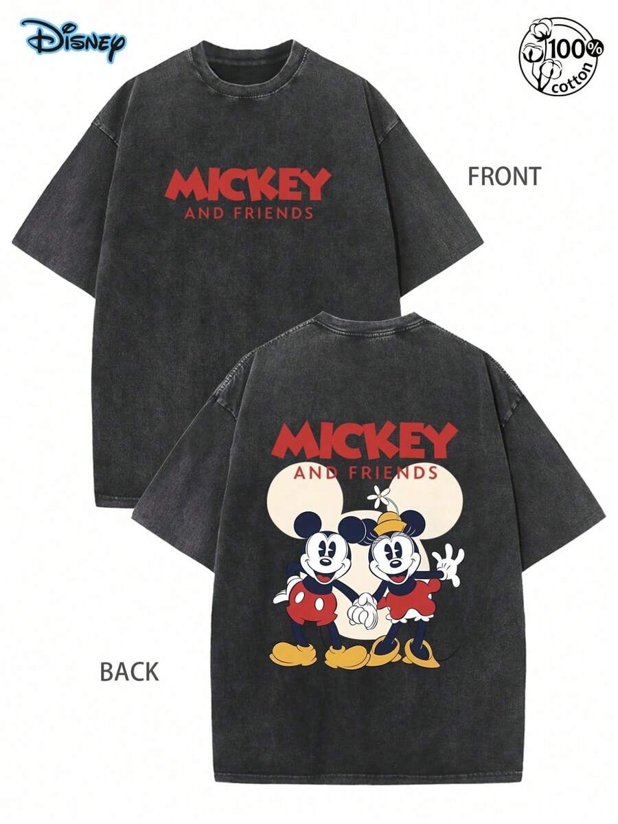 Disney Officially Licensed Mickey Mouse & Minnie Mouse Double-Sided Vintage Washed 230g T-Shirt, Unisex Loose Oversized Tee, Men Women Retro Streetwear Summer Top - 黑色 - 查看 1