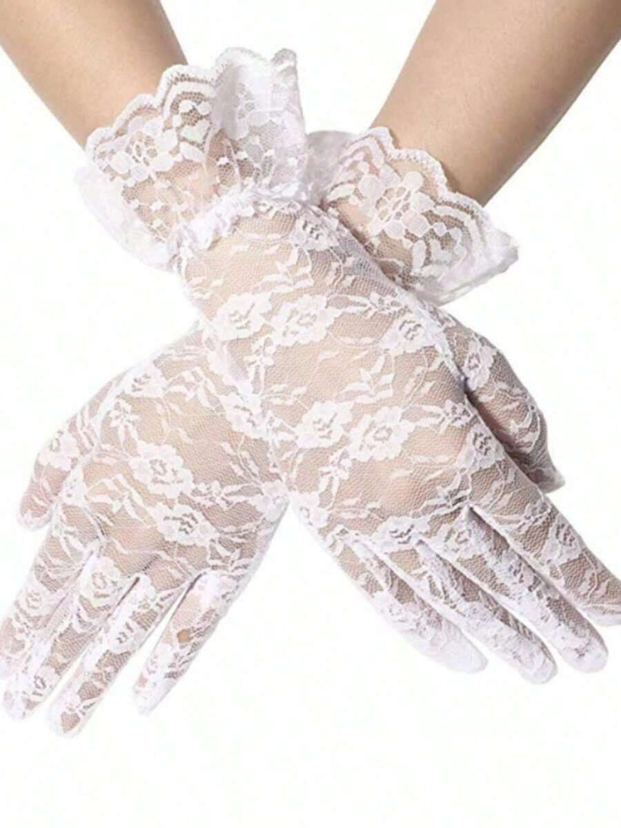 1 Pair White Lace Women's Gloves, Suitable For Parties, Weddings, Opera, Afternoon Tea And Other Occasions.Women's Autumn Apparel. - 白色 - 查看 1