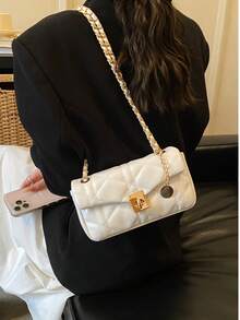 New Fashion Women's Quilted Woven Metal Chain Small Square Bag, Metal Clasp Closure, Minimalist Commuter Versatile Shoulder & Crossbody Bag - Multicolor - View 2