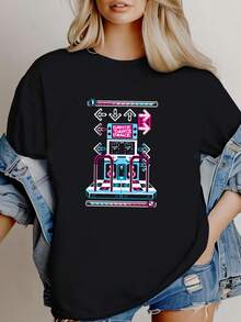 Maglietta da donna con stampa di pixel, danza e arcade, a maniche lunghe o corte - nero - Visualizzare 6