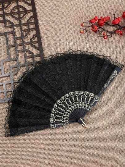 Élégant éventail pliant de style chinois vintage en dentelle noire, éventail à main pliable à la mode pour les fêtes et les festivals