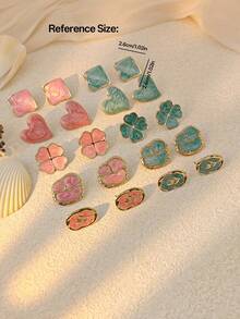 3 Pairs Random Combination Earrings, Stainless Steel Jewelry Showcasing Personalized - Rose Red, Green Floral Geometric Earring Set, Minimalist Square Earring Set, Heart Stud Earrings, Vintage Jewelry, Summer Beach Swimwear Accessories, Attractive Apparel Accessories, Wedding Dress Decorations - Multipurpose Jewelry Suitable For Swimming, Bathing, Exercising - Multicolor - View 3
