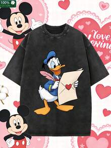 Disney Official Licensed Donald Duck Daisy Duck Couple Print T-Shirt, 220g Washed Vintage Loose Short Sleeve Crew Neck Soft Breathable Streetwear Top Gift For Couples - 黑色 - 查看 2