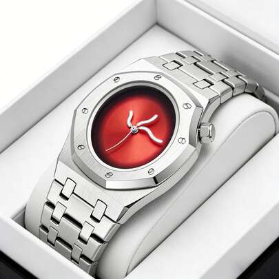 1pc Men's Silver Tone Fashion Luxury Business Casual Asymmetrical Case Steel Band Quartz Wrist Watch, Suitable For Office, Social Events, Gift