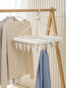 1 件装晾衣绳，带 32 个夹子和可折叠塑料晾衣架，适用于晾晒衣物、内衣、袜子 - 白色 - 查看 3