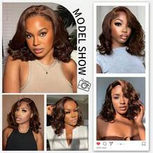 180% 巧克力棕色蓬松波浪波波头假发，深棕色 13x4 高清透明蕾丝前额假发，真人发水波纹预拔毛，女士款 - S4 - 查看 9