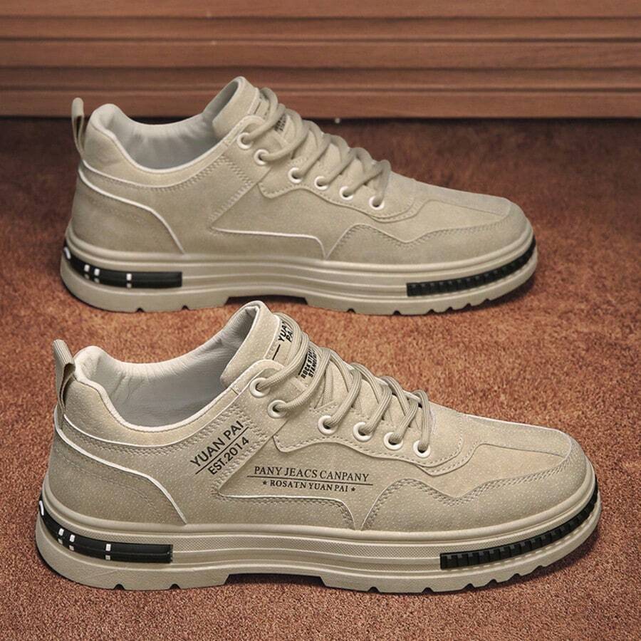 Men's Khaki Suede Retro Sneakers - Non-Slip Thick Sole Work Shoes - Khaki - View 1