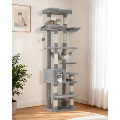 Árbol de gato grande de 74 pulgadas para gatos grandes, torre de varios niveles con postes de rascado, condominio, perchas, hamaca, túnel y estación de alimentación