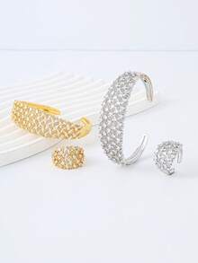 简约锆石手链戒指套装，百搭且适合所有人 - 立體幾何紋理 - 查看 1