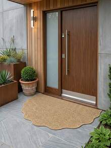 1pc Brown Half-Circle Faux Jute Woven Carpet. Unique Wavy Edge, Exclusive Original Design, Anti-Scratch, Washable, Ideal For Pet Owners, Suitable For Living Room, Dining Room, Study, Bedroom And Entryway Decor - New Brown Wave Style - View 3