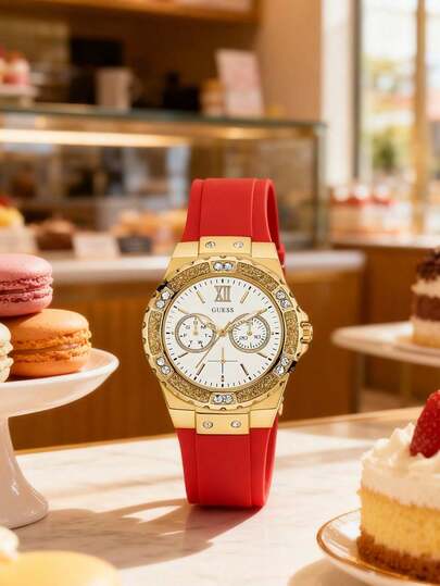 Fossil Women's Watch, Women's Bright Red Silicone Sports Watch, Gold Glittering Powder Bezel Decorated With Crystal, Fashionable Multi-Functional Wristwatch GW0431L1