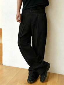 Men's Casual Solid Color Drawstring Waist Sports Wide Leg Pants, All Seasons, Fall - Black - View 4
