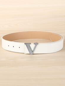 1 pieza Cinturón ancho de moda estilo coreano blanco con hebilla lisa, cinturón de cuero PU con forma de V y letras para primavera/verano unisex, regalo para novio, cinturón para pantalones - Blanco - Ver 4
