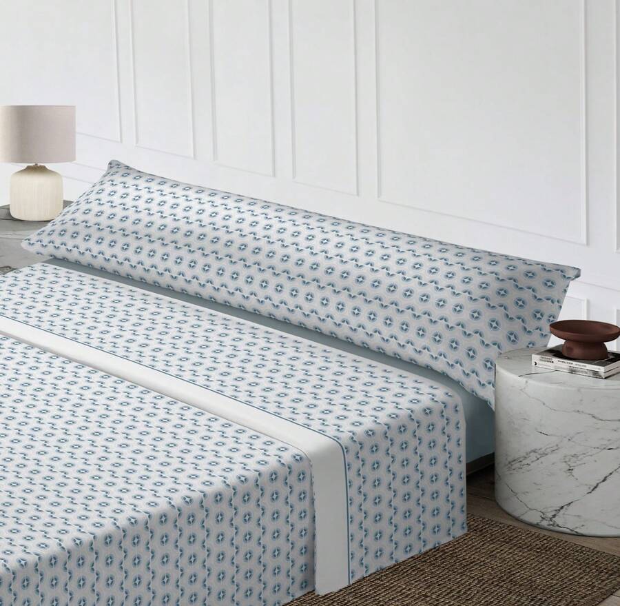 Parure de lit 50 % coton respirant, imprimé floral/moderne, infroissable, avec drap-housse de 30 cm pour lits de 90/105/135/150/180 cm - Merca9 Home - Bleu azur - Voir 1
