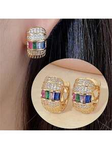 1 Pair Fashionable Round Earrings For Women, Inlaid With Shiny Colorful Zirconia Stones, Suitable For Weddings And Parties - Hoop Earrings - View 6