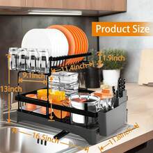2 Tier Dish Drainer Rack With Drip Tray, Dish Drying Rack With Utensils Holder, Durable Stainless Steel Dish Rack For Kitchen Counter, Black - 2 Tier Large - View 3