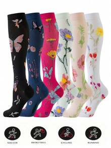 1/3/6 Pairs Unisex Floral Pattern Compression Socks, Suitable For Nurses, Graduated Support, Breathable Cute Design, Ideal For Travel, Running And Other Occasions, Floral Pattern Compression Calf Socks, Women's Festival/Mother's Day Gift Socks, Y2K Style, Comfortable And Warm - 1 雙黑色 - 查看 2