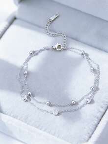 1pc 18K Gold Plated Stainless Steel Double Layer Zirconia Anklet, Bohemian Style Summer Beach Vacation Jewelry Accessory - Double Anklet - View 2