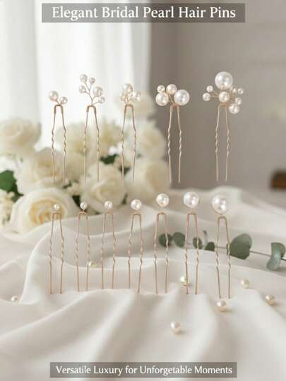 12件套优雅仿珍珠新娘发夹 - 手工金丝花簇和单颗珍珠婚礼发饰，适用于新娘、伴娘、舞会和正式场合