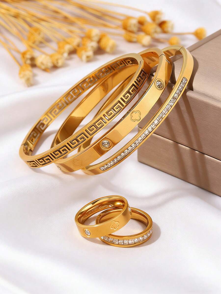 5pcs Set Elegant Minimalist Stainless Steel Bracelet + Ring, Anti-Fading Washable Unisex Fashion Accessories - Gold - View 1