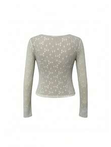 Women's Lace V-Neck Bow Long Sleeve T-Shirt, Sweet And Sexy Style, Spring/Summer - Apricot - View 9