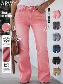 Plus Size Women's Denim Flare Leg Jeans, High Stretch Ripped Boho Style Long Pants With Button And Pocket Details, Perfect For Fall Season Casual Pink - Pink - View 1