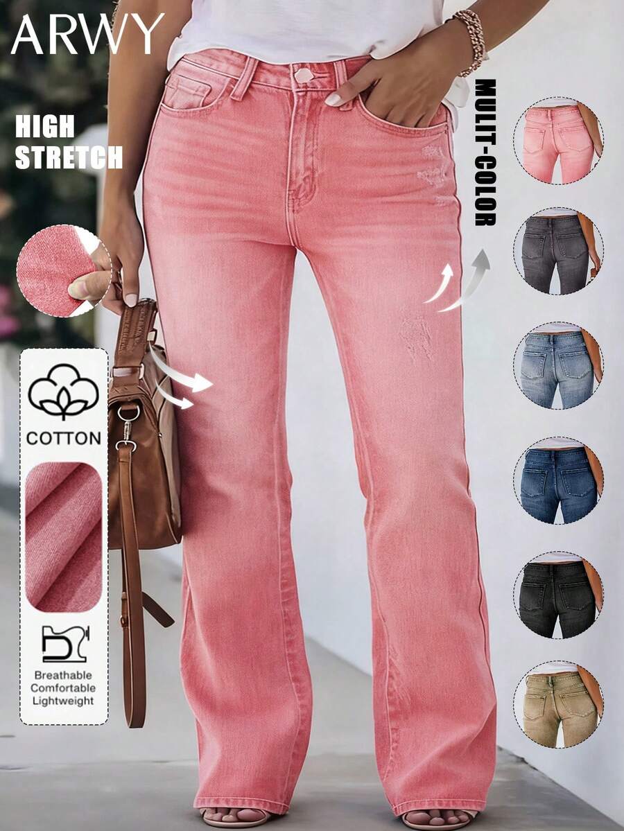 Plus Size Women's Denim Flare Leg Jeans, High Stretch Ripped Boho Style Long Pants With Button And Pocket Details, Perfect For Fall Season Casual Pink - Pink - View 1