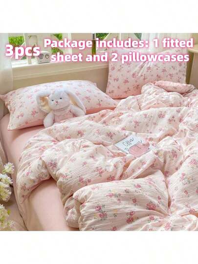3pcs Floral Print Soft & Cozy Cloud-Like Crinkle Gauze Double-Layer Bedding Set, Includes 2 Pillowcases + 1 Duvet Cover, Suitable For Bedroom, Dorm, Machine Washable, All Seasons, Without Filler