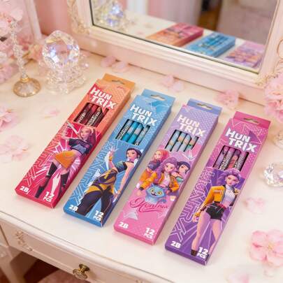 Hasbro 12支装K-POP女团彩色铅笔套装，活力十足的INS风K-POP文具，Kpopdemonhunters玩具，马克笔和彩色铅笔，可爱的复活节礼物，可放入复活节篮子、复活节彩蛋中，作为复活节惊喜礼物，也可作为生日、复活节、周年纪念礼物送给女孩，可爱的桌面装饰，学习用品，青少年用品，教室收纳袋，派对礼品，复活节派对礼品，节日礼物，学校课堂奖励