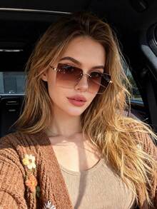 1pc European And American Personalized Square Frameless Edged Fashion Fashion Glasses, High-End Street Style Versatile Glasses For Women - Gold-framed Gradient Tea Leaves - View 2