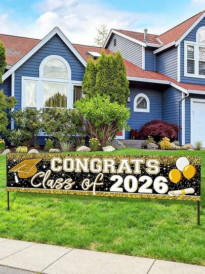 1pc Large Congrats Grad Banner Gold Class Of 2026 Banner Backdrop Graduation 2026 Yard Sign For Graduation Party Supplies Graduation Decorations 2026 (Gold)