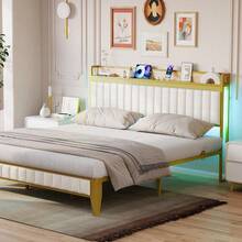 Marco de Cama tamaño King con cabecera de Almacenamiento, Marco de Cama con Plataforma LED con estación de Carga, sin Necesidad de Caja de Resorte, fácil Montaje, Color Blanco - Rey - Ver 1
