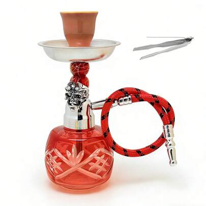 迷你骷髅头水烟壶，高 17.5 厘米（6.91 英寸），便携式小水烟壶，配有雕刻玻璃瓶（多种颜色可选），包含 1 个炭钳 | 非常适合居家、酒吧聚会和旅行