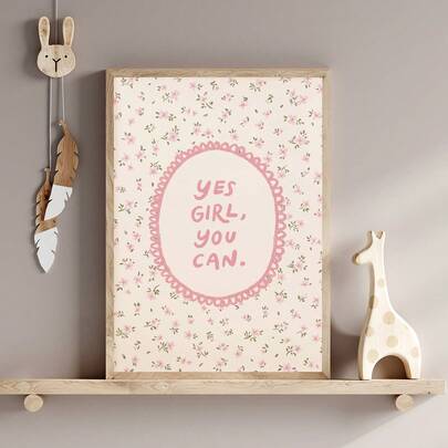1pc Canvas Wall Art, Waterproof, Framed Children's Room Wall Art, "Girl, You Can Do It" Poster, Positive Inspiring Floral Poster For Girls, Motivational Kids Poster, Girls Empowerment Poster, Pink Wall Decor, Boho Style, Girls Room Decor, Nursery Poster, Preschool Poster, Baby Gift, Kids Gift, Playroom Decor