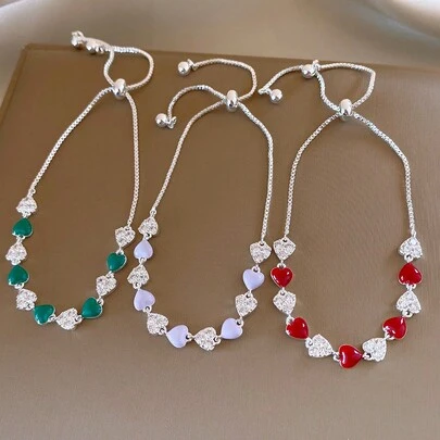 1pc Adjustable Cubic Zirconia Heart Pendant Bracelet, Suitable For Daily Wear