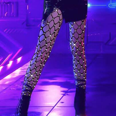 One Piece Women Sexy Handmade Rhinestone Fishnet Tights Sparkly Crystal Mesh Stockings Night Out Club Party Baddie Style Hosiery