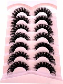 7 Pairs/Pack DD Curl Russian False Eyelashes, Thick Curled Fluffy, 3D Faux Mink Lashes, Cat Eye Effect, 8D Lengthening & Volumizing Lashes, Lift & Extend Eye Corners, Create Delicate Makeup - Black - View 7