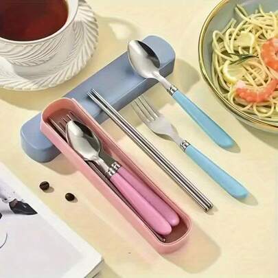 4pcs Stainless Steel Cutlery Set, Polished Finish, Including Spoon, Fork, Chopsticks,Portable Cutlery With Storage Case For Picnic, Camping, Daily Use - Durable And Compact