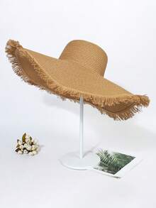 1pc Khaki Round Top Wide Brim Straw Hat, Summer Beach Vacation Sun Protection Outdoor - Straw Hat - View 1